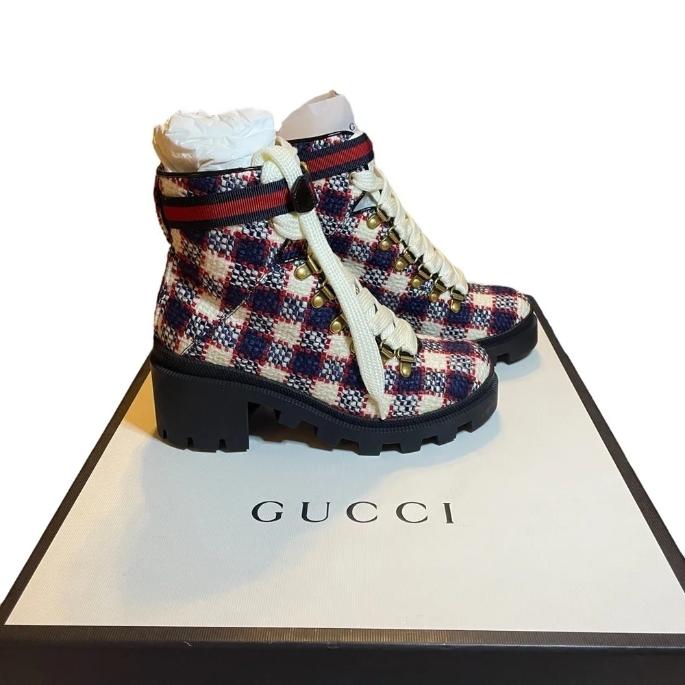 NIB Gucci Trip 40 Bootie in Plaid Tweed Sz. 34.5 (4.5)